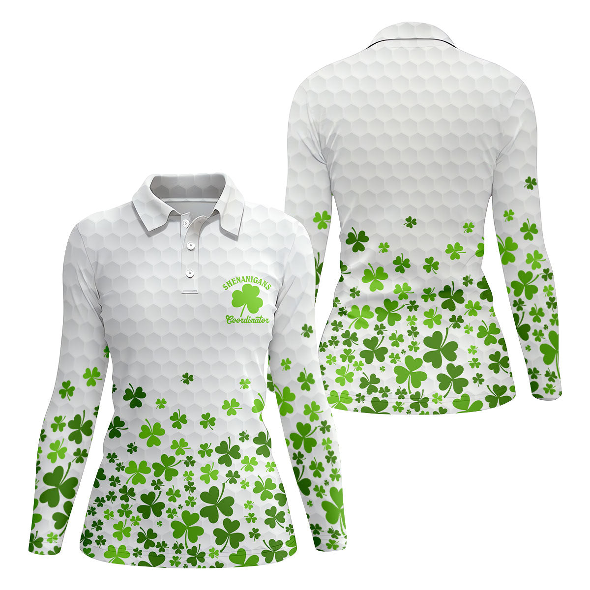 Shenanigans Coordinator Golf Ball Pattern St Patrick Day White Golf Shirt, Women's Golf Tops, Ladies Golf Polos