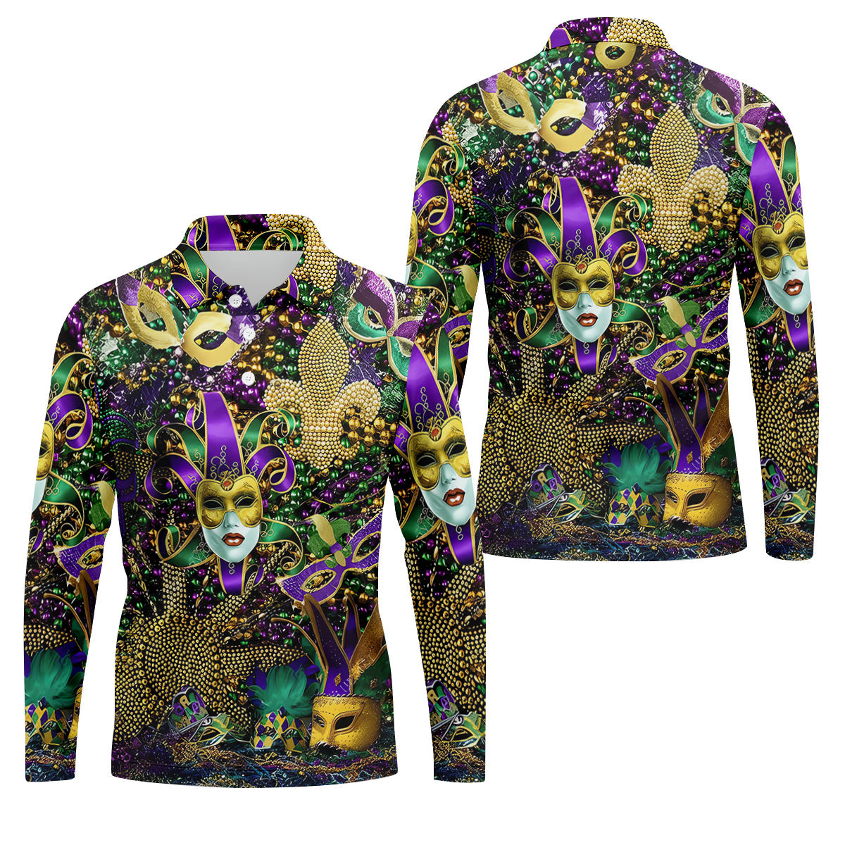 Jester Mask Purple Green Gold Fleur De Lis Beads Mardi Gras Golf Shirt, Golf Shirts For Men, Polo ShirtFor Men