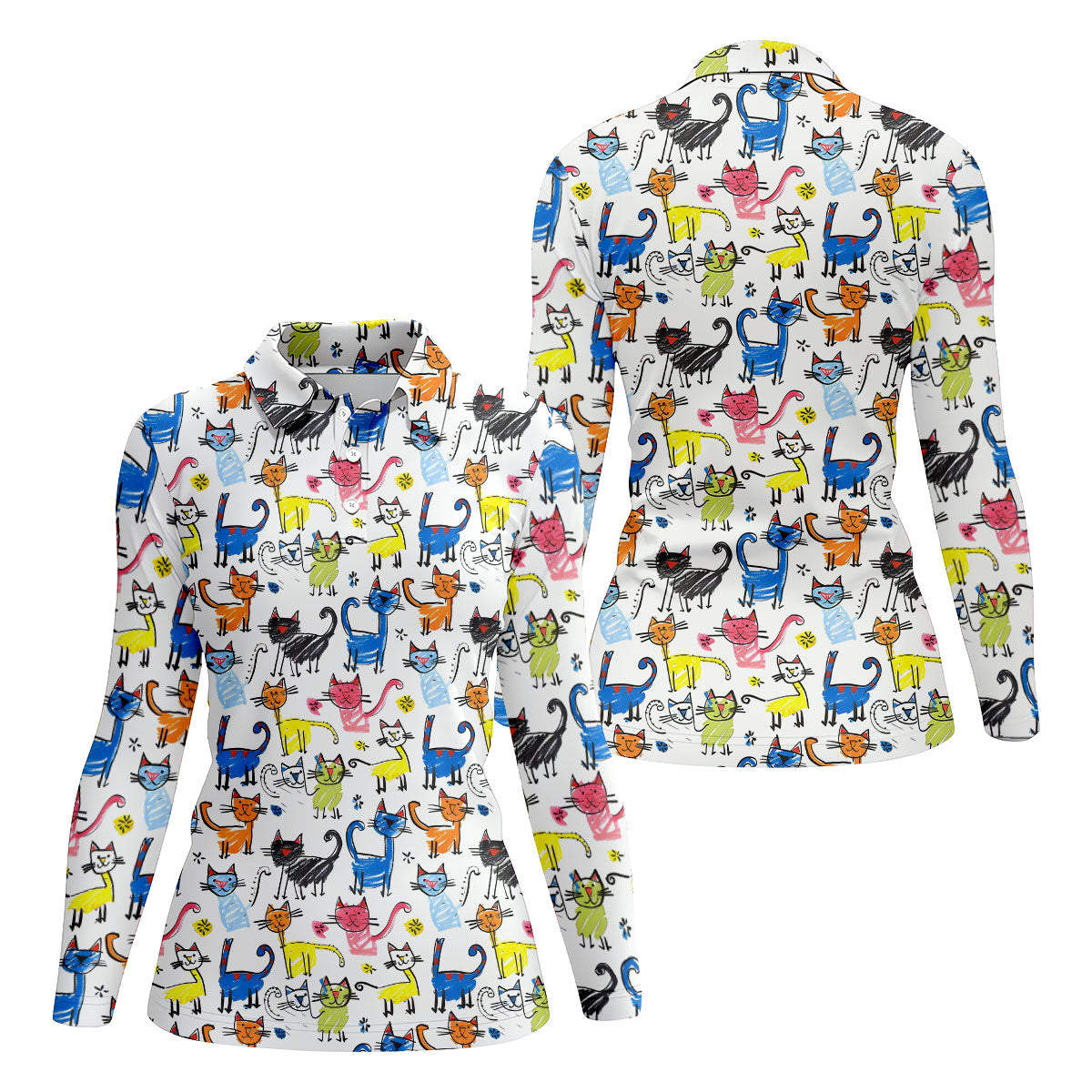 Cartoon Cat Golf Shirt, Colorful Doodle Cat Pattern, Polo Shirts For Women