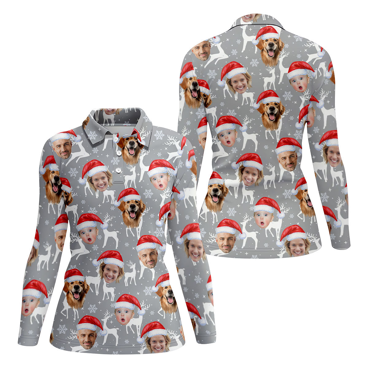 Custom Face Snow Reindeer Grey Golf Shirt, Christmas Golf Shirt, Ladies Golf Shirts, Golf Gifts For Women