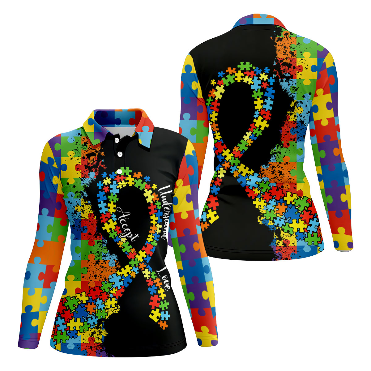 Accept Love Understand Autism Awareness Colors Autism Ribbon Women's Golf Tops, Ladies Golf Polos
