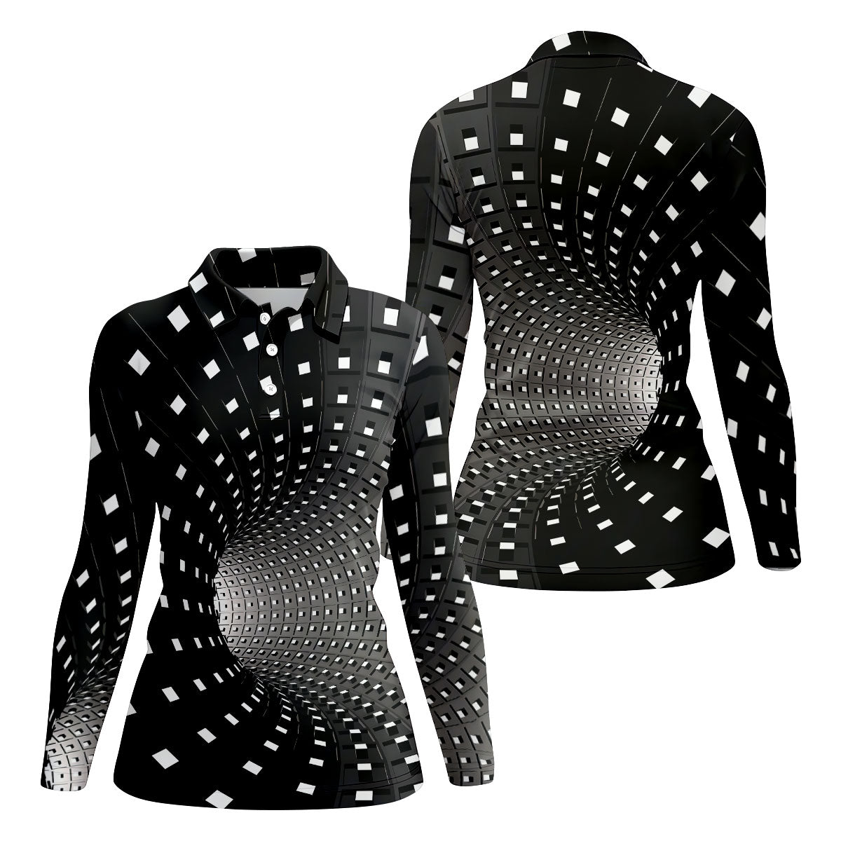 3D Vortex Golf Shirt, Black White Optical Illusion Tunnel Pattern, Golf Shirt For Women