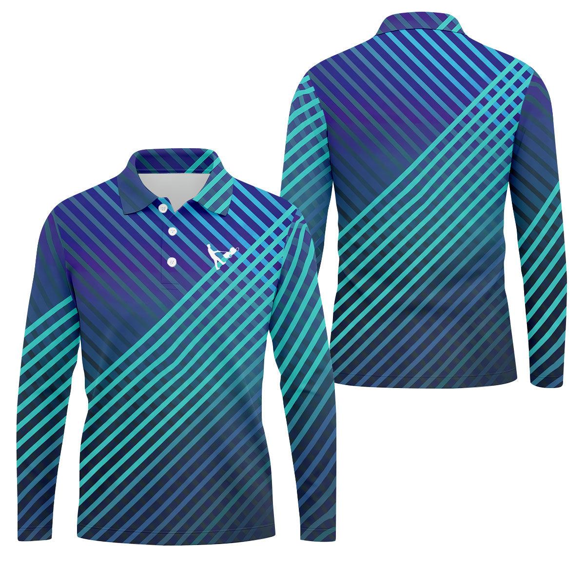 Teal And Purple Striped Pattern Golf Tops For Men, Performance Golf Shirt, Polo Shirt Men
