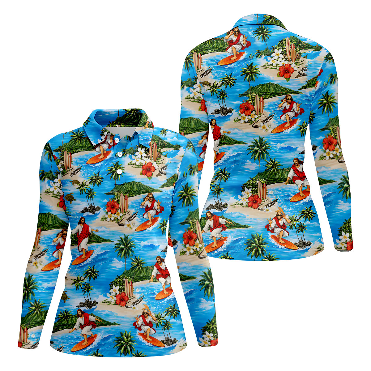 Funny Beach Surfer Jesus Hawaiian Golf Shirt, Golf Polo For Women, Printed Golf Shirt