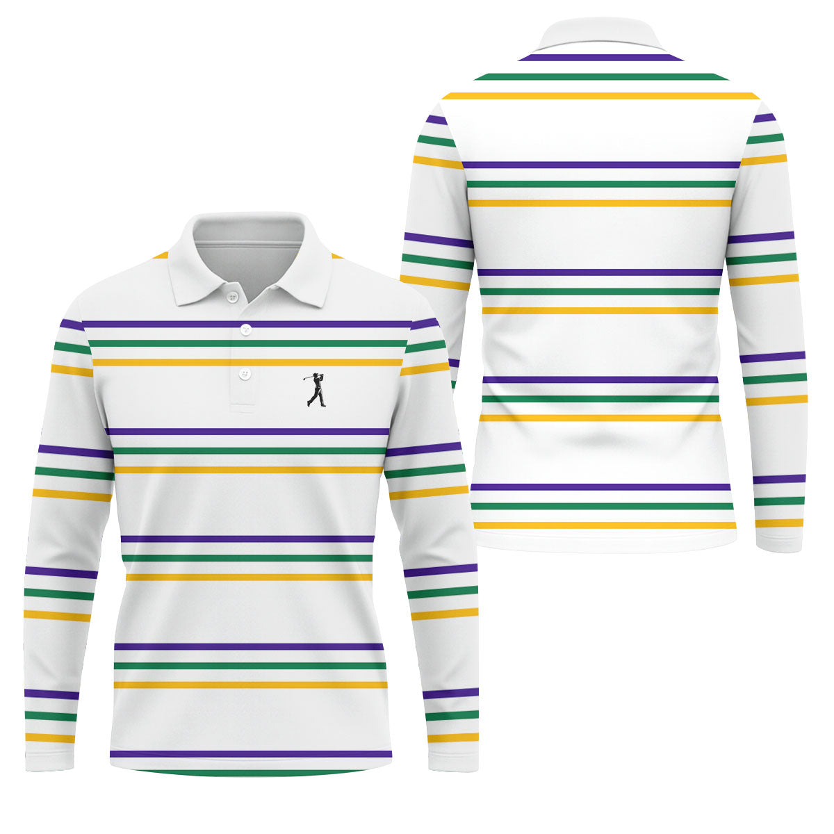Mardi Gras Purple Green Gold Stripe Pattern Golf Tops For Men, Men's White Polo, Golf Shirts For Men