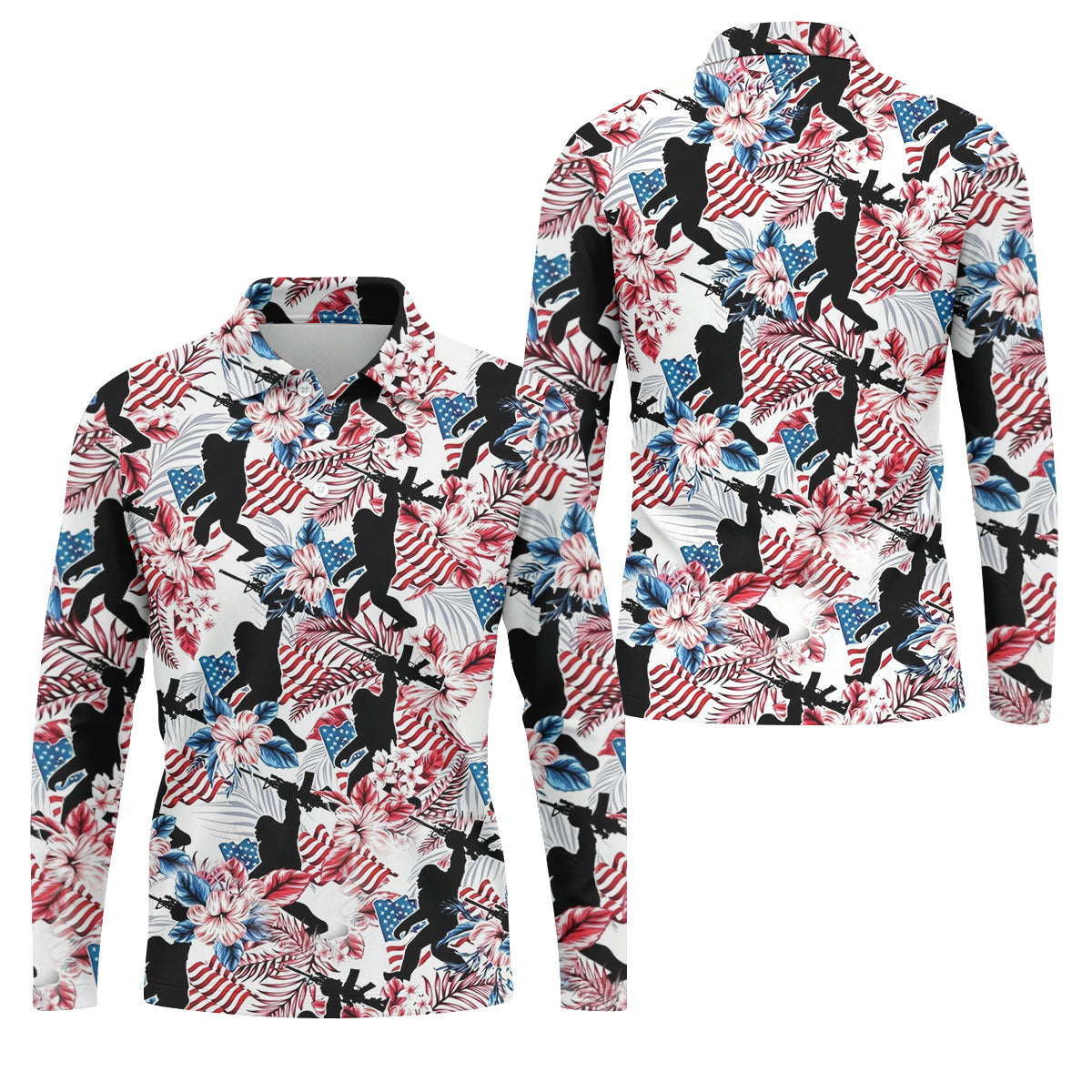 Hawaiian Bigfoot Patriotic 4th Of July American Flag Golf Shirt, 250th Anniversary Golf Shirts For Men
