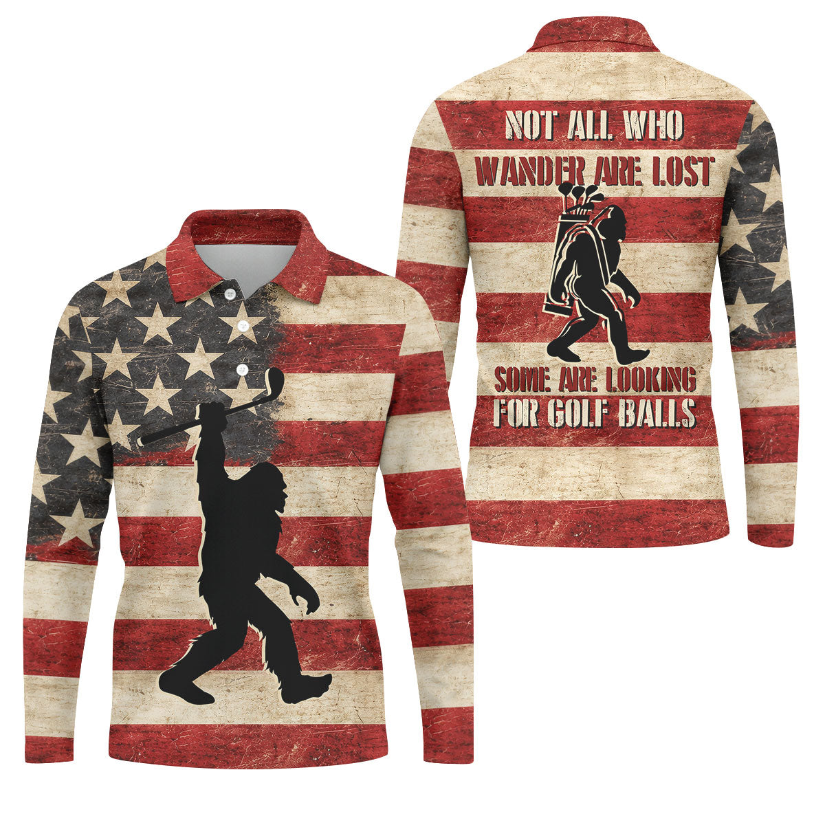 Vintage American Flag Bigfoot Golfer Polo Shirt, Mens Golf Polo, Golf Polo Shirts For Men