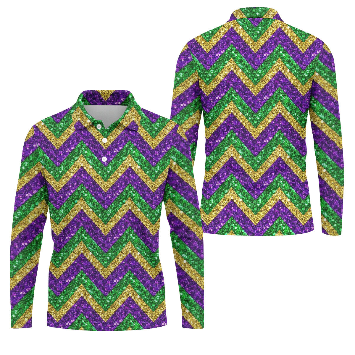 Mardi Gras Purple Gold Green Zigzag Pattern Glitter Print Golf Tops For Men, Polo ShirtFor Men, Golf Shirts For Men