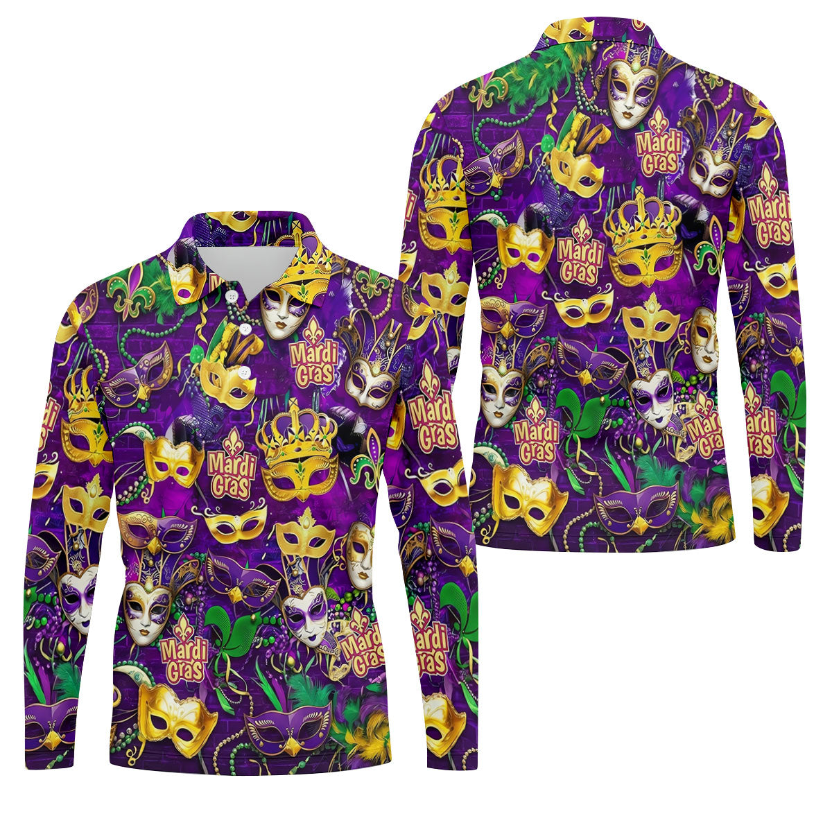 Purple Green Gold Festival Mask Mardi Gras Golf Shirt, Golf Tops For Men, Golf Shirts For Men