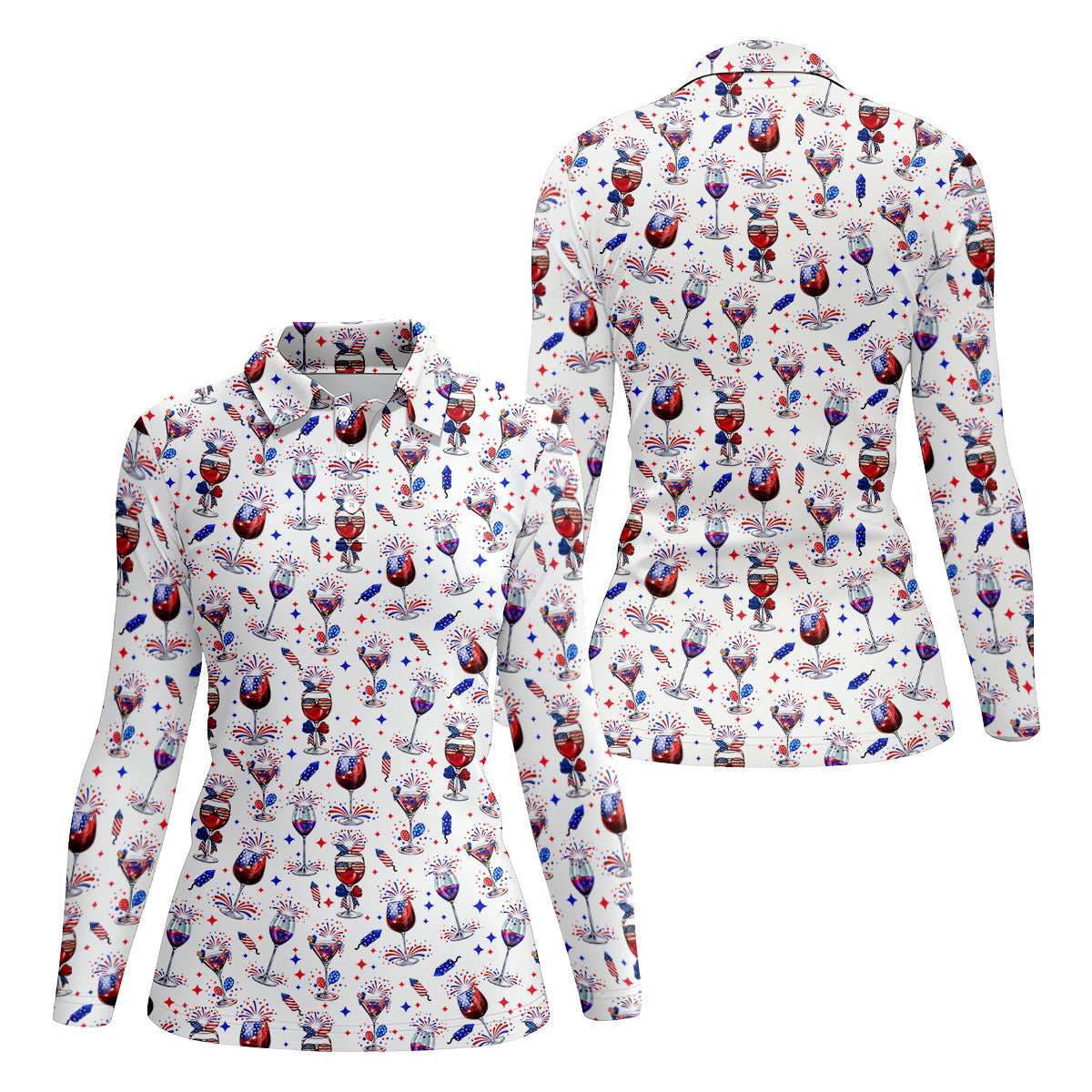 Wine And Martini American Flag Pattern Patriotic 4th Of July White Golf Shirt, 250th Anniversary Women's Golf Tops