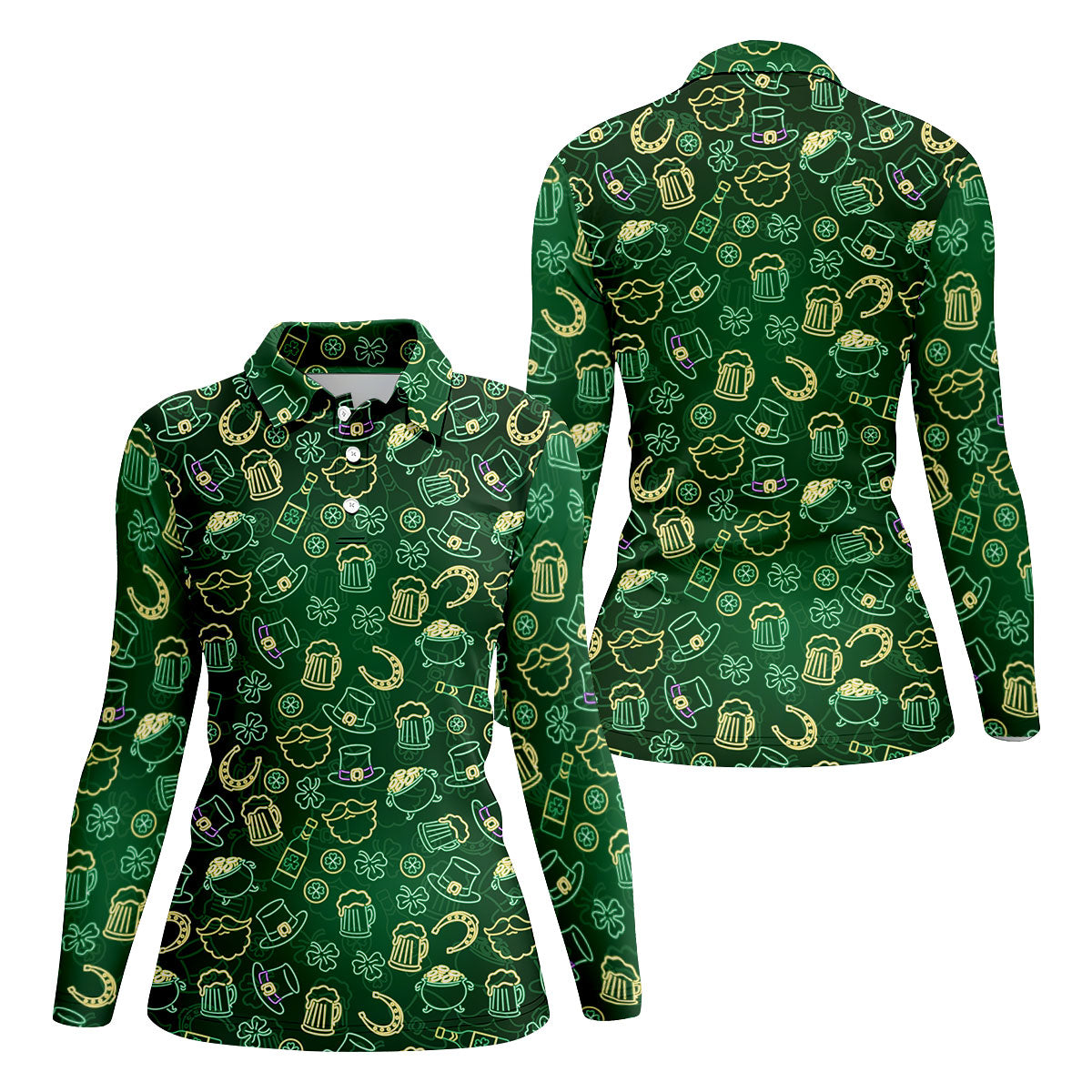 Beer Shamrock Neon Pattern St Patrick's Day Golf Shirt, Women Golf Top, Ladies Golf Shirts