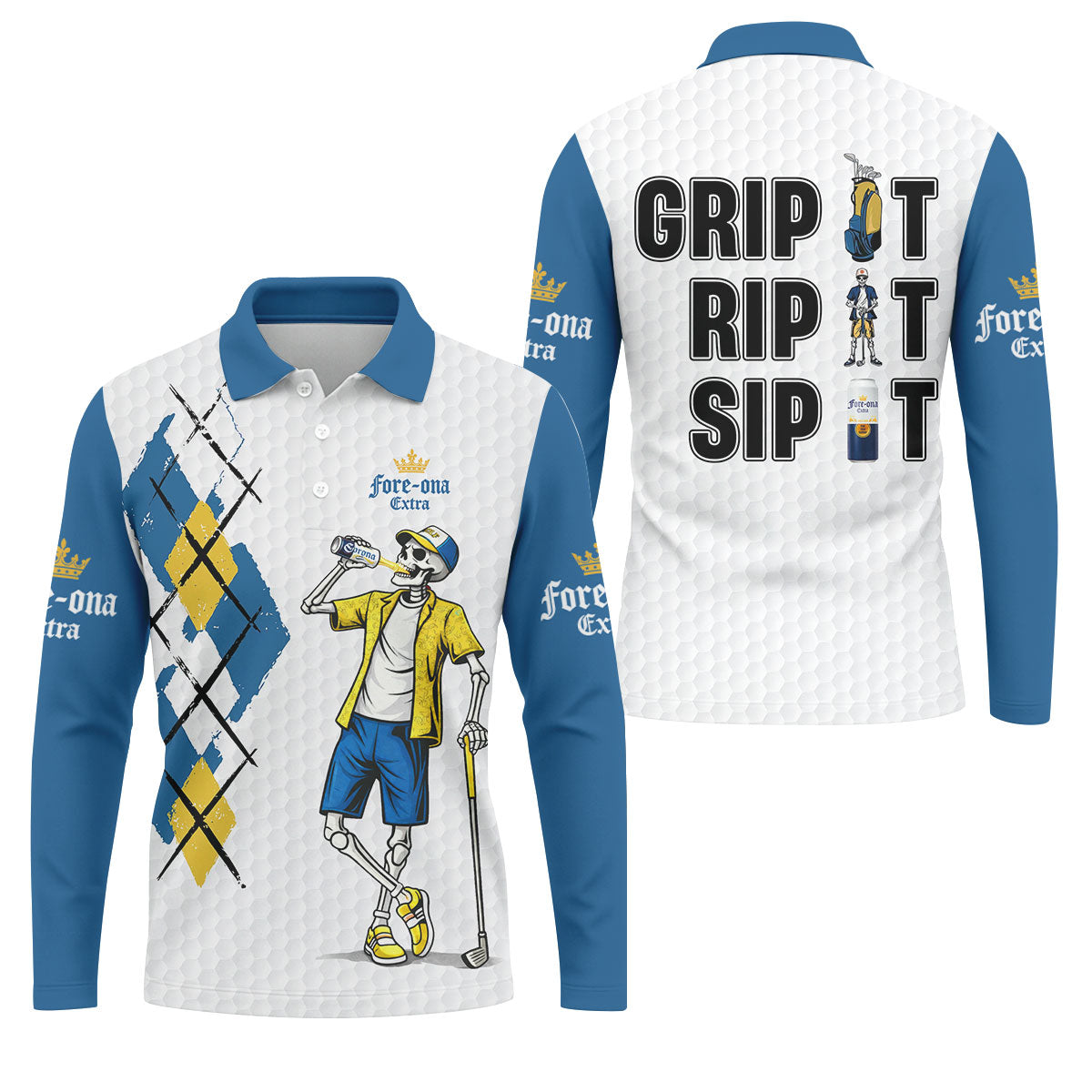 Blue Yellow Skeleton Golfer Beer Polo Shirt, Mens Golf Polo, Golf Apparel For Men