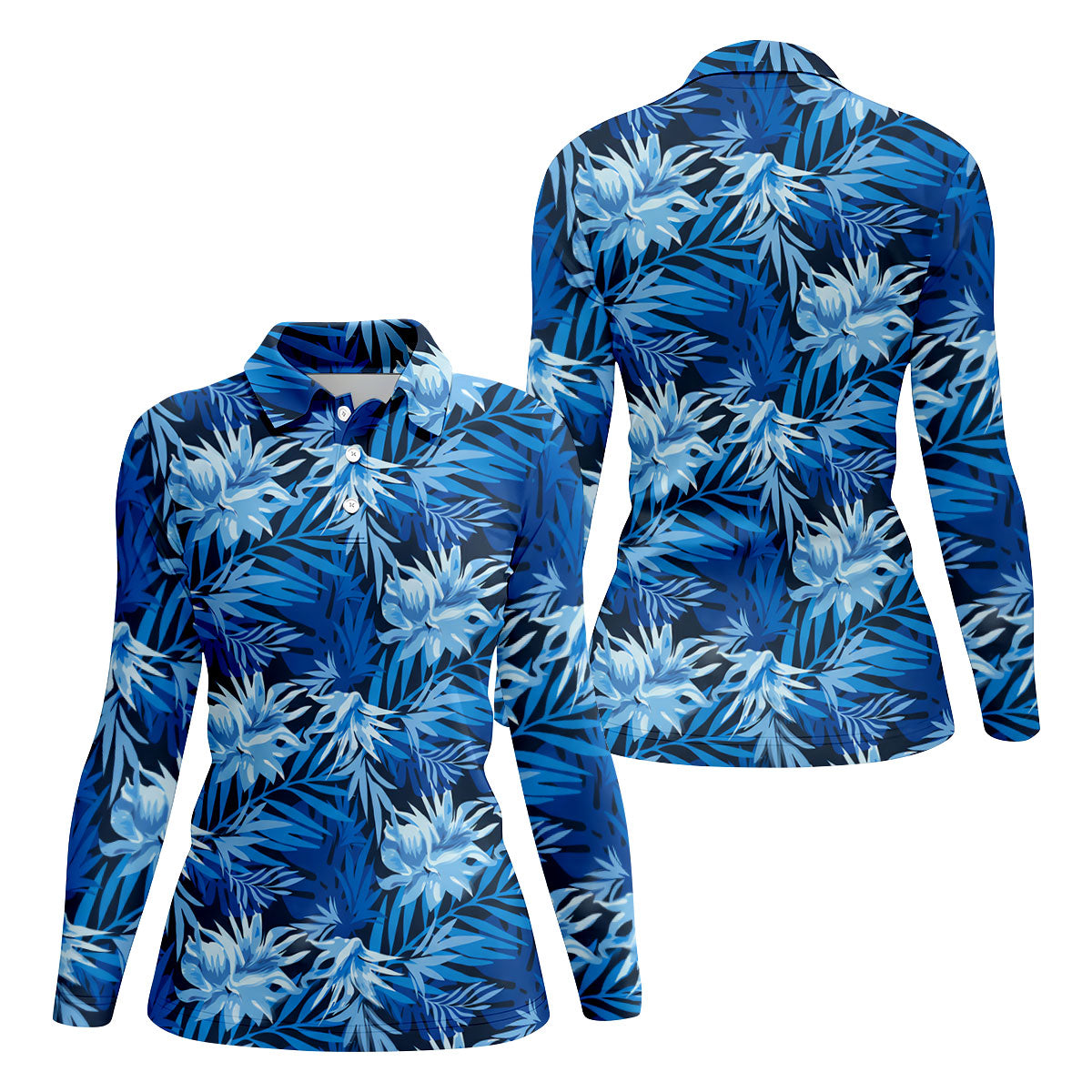 Blue Tropical Hibiscus Floral Golf Shirt, Womens Golf Tops, Women’s Golf Apparel