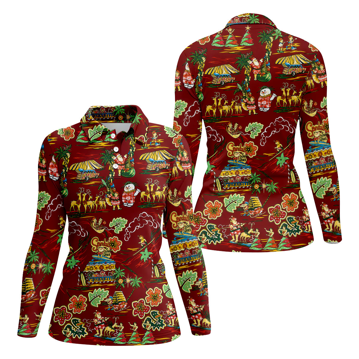 Women's Tropical Santa Surf Shack Golf Shirt, Christmas Golf Shirt, Women’s Golf Apparel