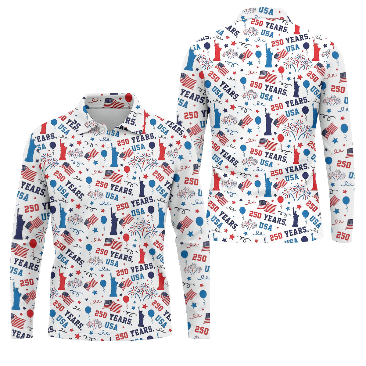 250 Years USA Red White Blue Seamless Pattern White Golf Shirt, Patriotic 4th Of July Golf Shirts For Men