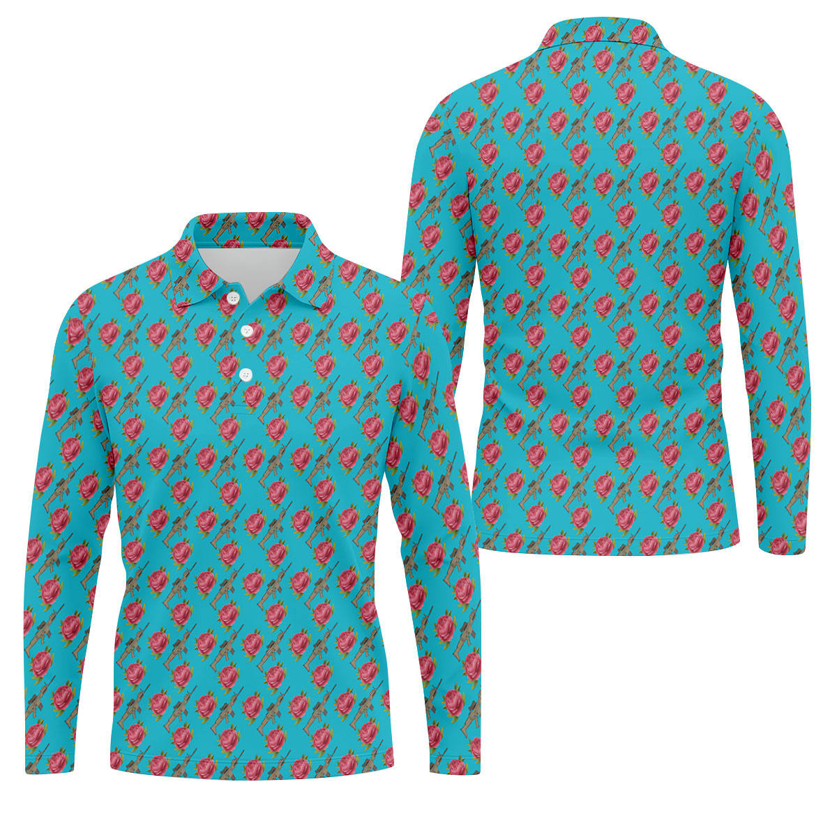 Gun And Rose Seamless Pattern Blue Golf Shirt, Golf Tops For Men, Golf Shirts For Men