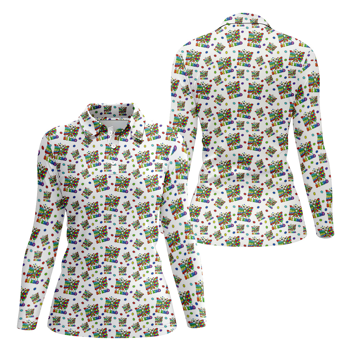 In A World Where You Can Be Anything Be Kind Rainbow Butterfly Autism Awareness White Golf Shirt, Women's Golf Tops