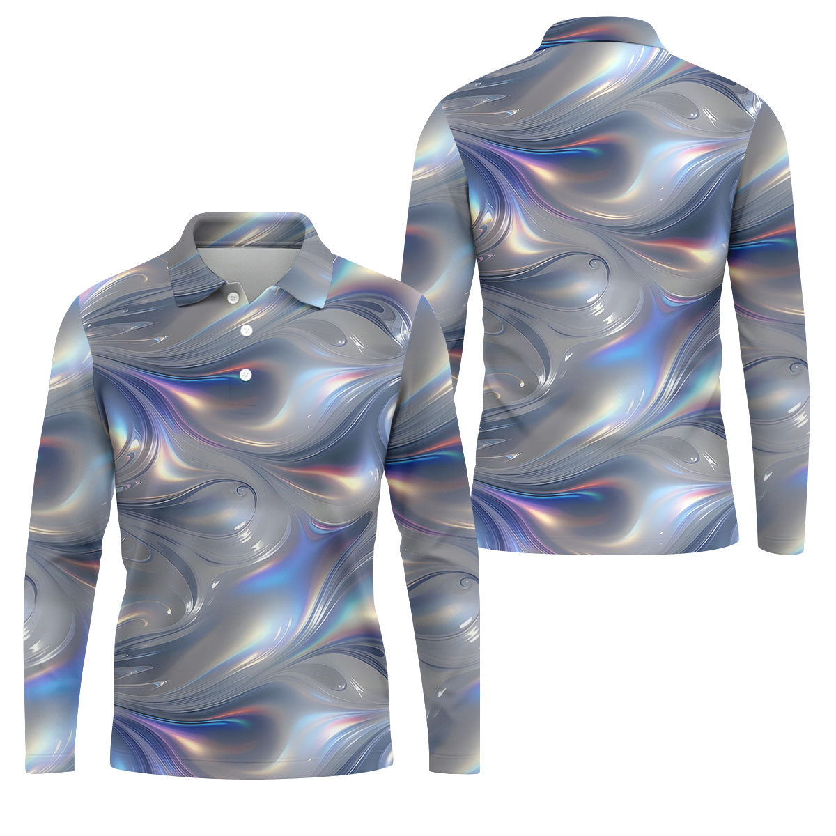 Silver Marble Golf Shirt, Futuristic Holographic Wave Pattern, Golf Shirt For Men