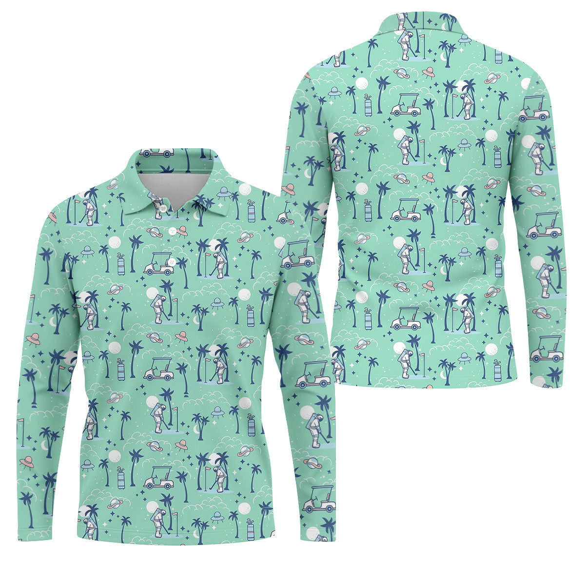 Astronaut Golfing Space Themed Tropical Golf Shirt, Golf Tops For Men, Golf Shirts For Men