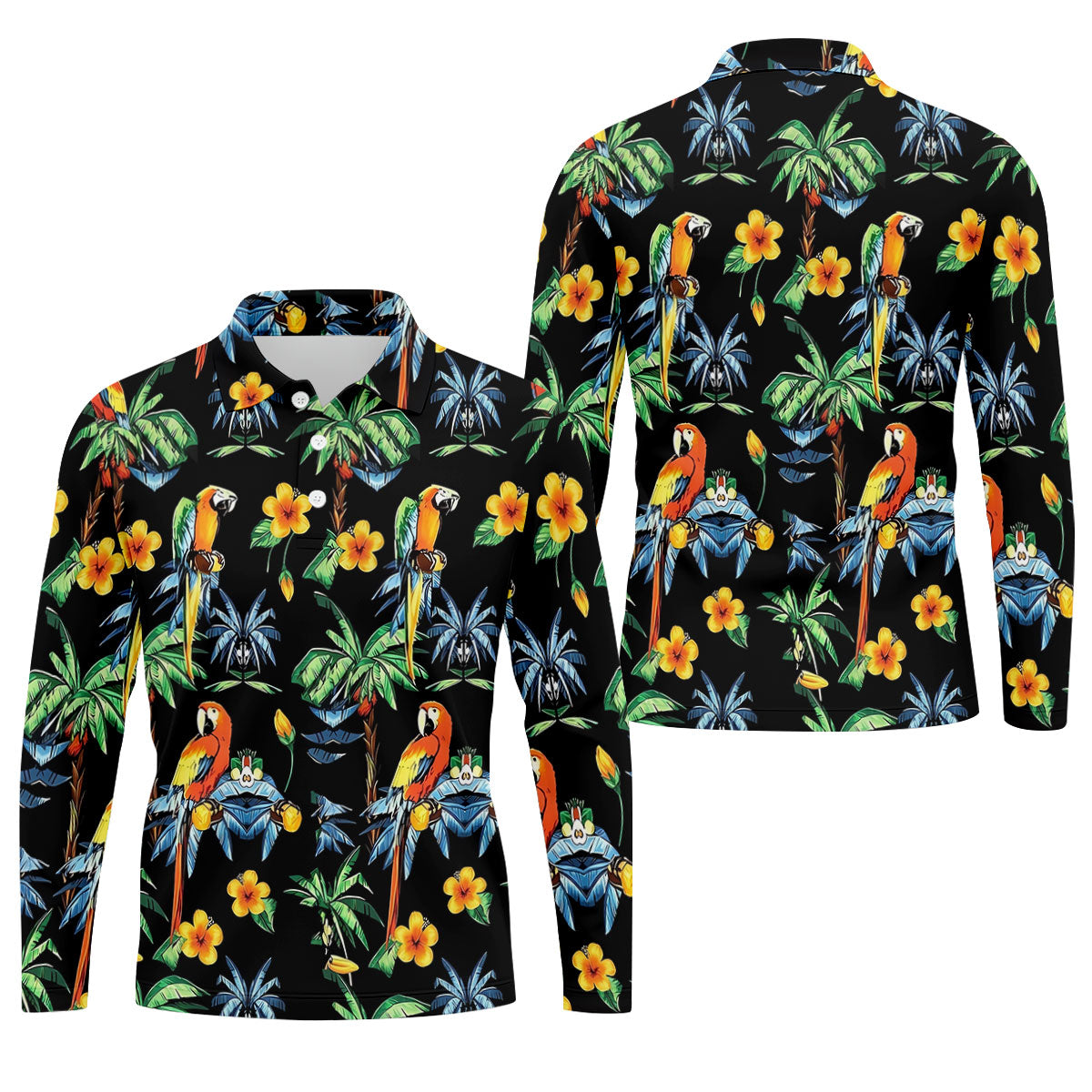 Black Tropical Parrot Palm Flower Pattern Golf Shirt, Men's Golf Shirt, Mens Polo Shirts, Hawaiian Golf Shirt