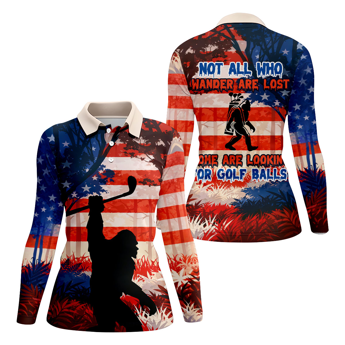 Not All Who Wander Are Lost Funny Bigfoot Golf Shirt For Women, 250th Patriotic Golf Shirt, Ladies Golf Shirts