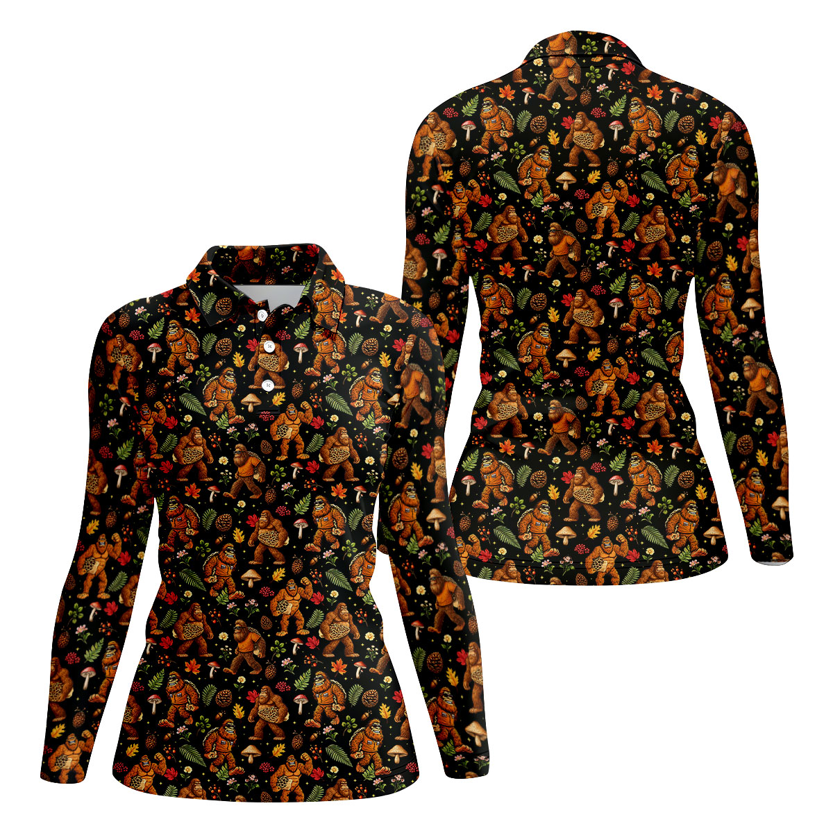 Autumn Bigfoot Forest Pattern Polo Shirt, Women’s Golf Apparel, Hawaiian Golf Shirt, Golf Tops For Women