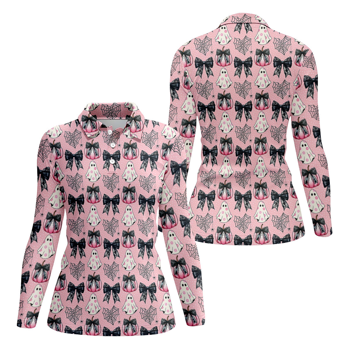 Coquette Pumpkin Boo Pink And Black Cute Golf Outfit, Fun Women's Golf Shirts, Ladies Golf Polos