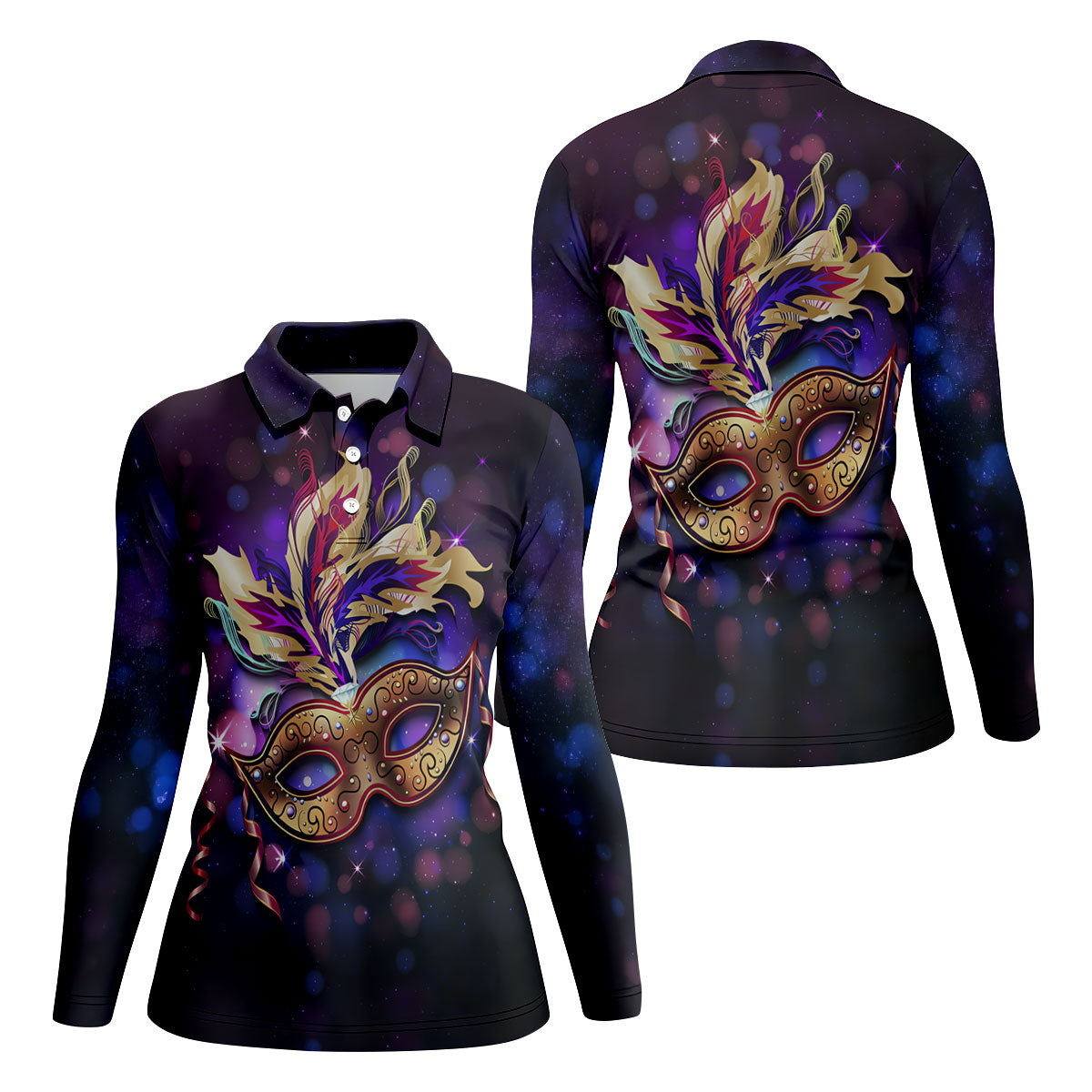 Mardi Gras Mask Feather Ribbon Purple Golf Shirt, Women's Golf Tops, Ladies Golf Shirt
