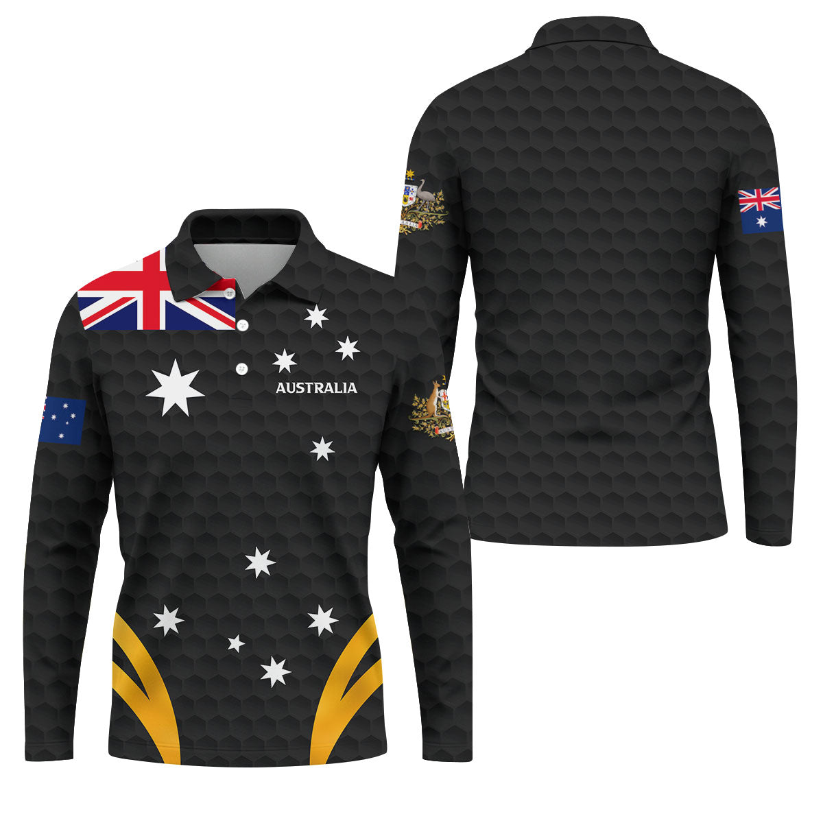 Australia Flag Print Golf Ball Pattern Black Golf Shirt, Australian Symbol Polo ShirtFor Men