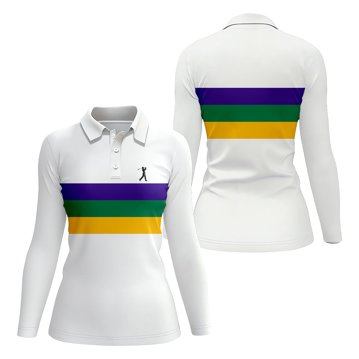 Mardi Gras Purple Green Gold Horizontal Stripes White Golf Shirt, Women's Golf Shirts, Ladies Golf Polos