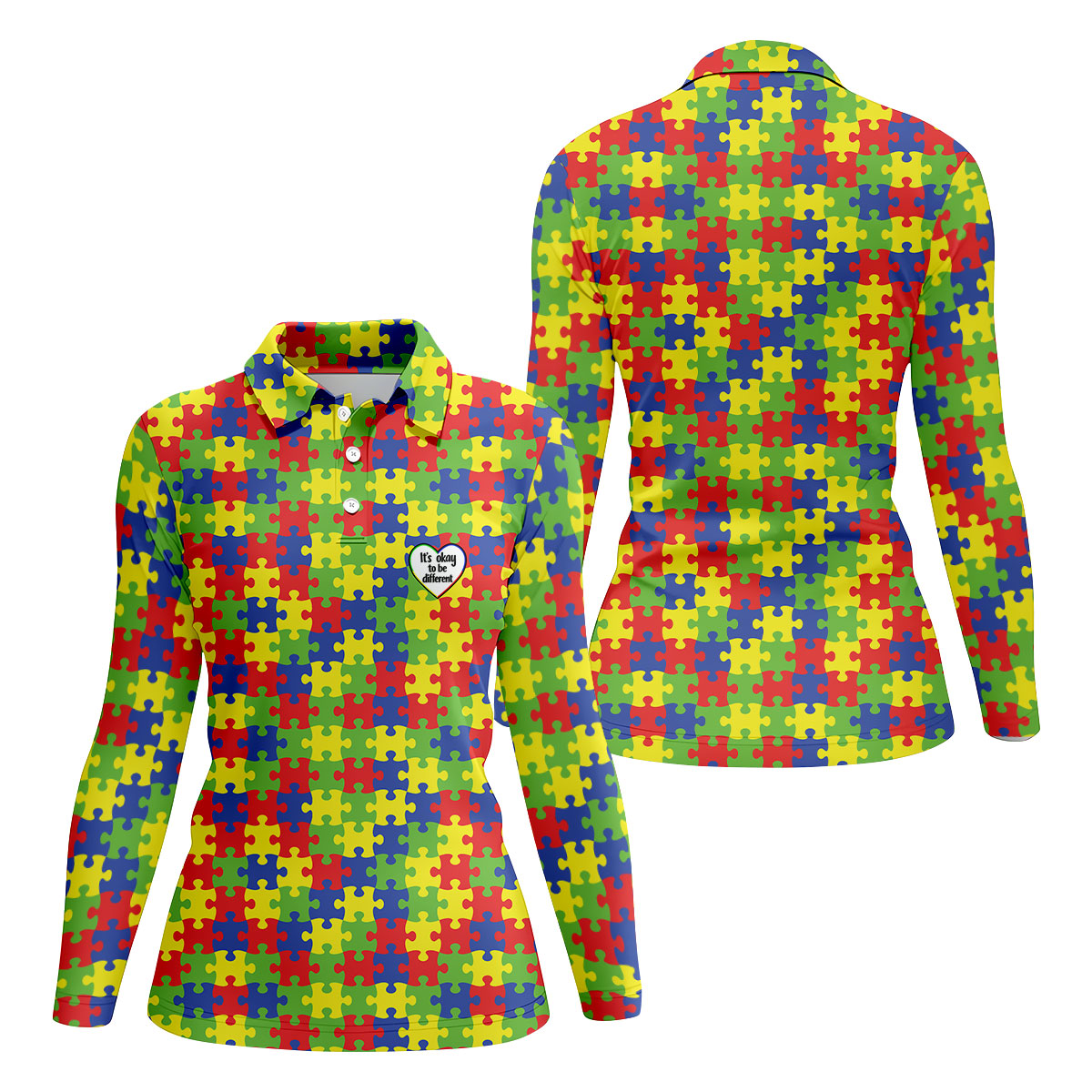 It's Okay To Be Different Autism Puzzle Women's Golf Tops, Autism Awareness Colors Ladies Golf Polos