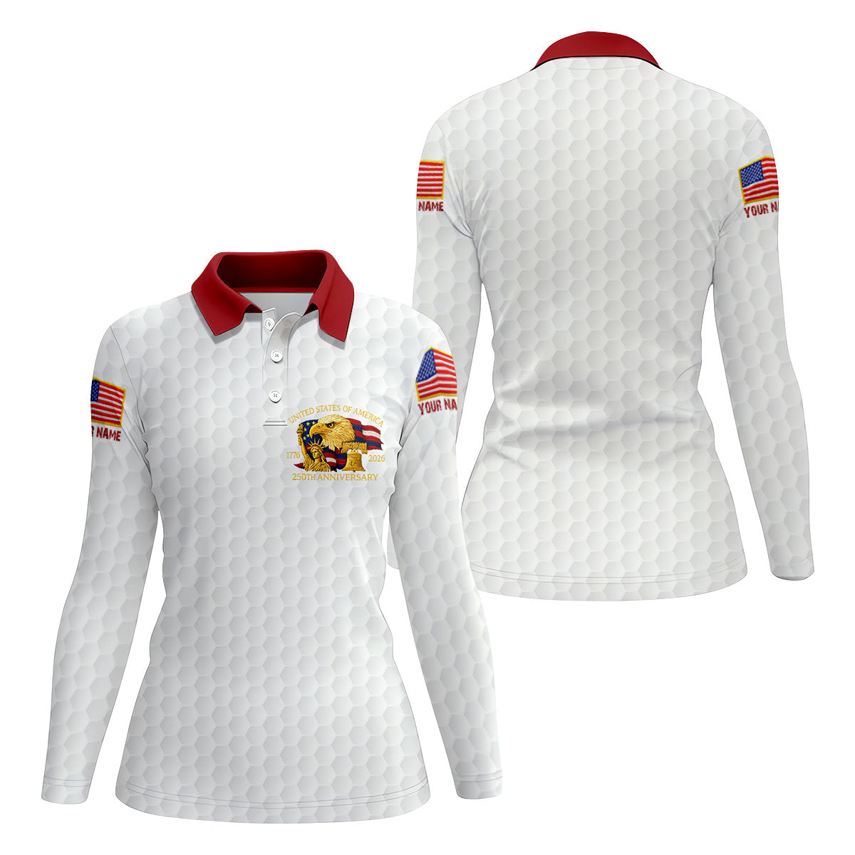 United States 250th Anniversary Patriotic Eagle White Custom Golf Shirts, 4th Of July Golf Shirt For Women