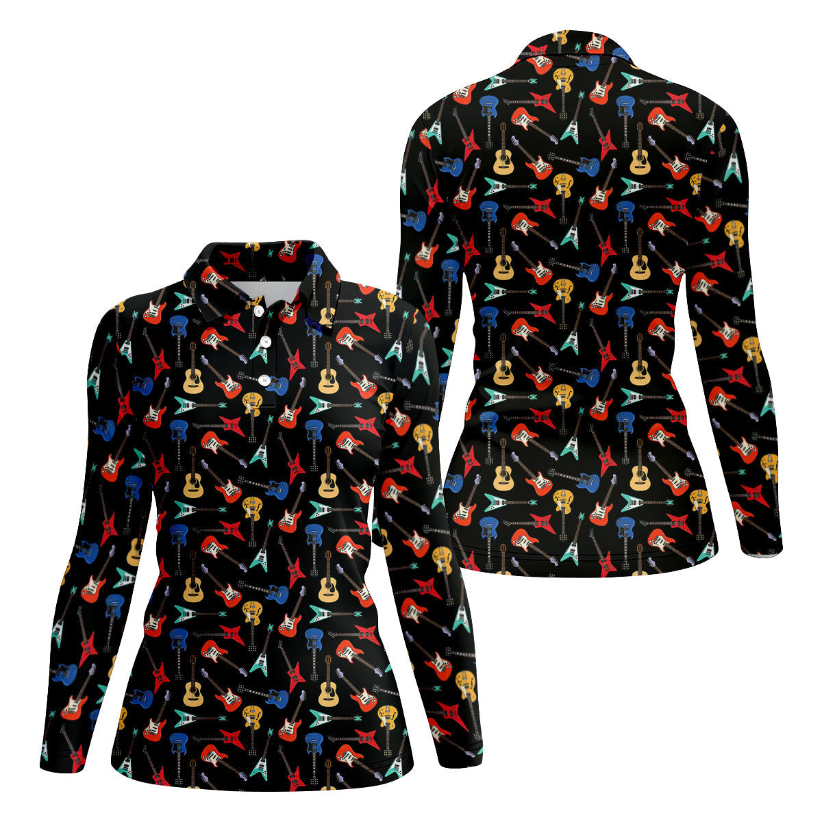 Guitar Pattern Hawaiian Golf Shirt, Music Lover Women's Golf Tops, Ladies Golf Shirts