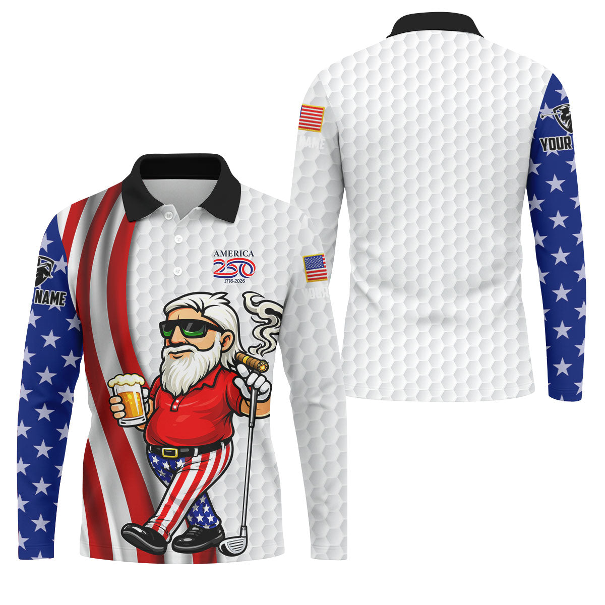 America 250 Patriotic Man 4th Of July White Golf Shirt, Golf And Beer Golf Shirts For Men