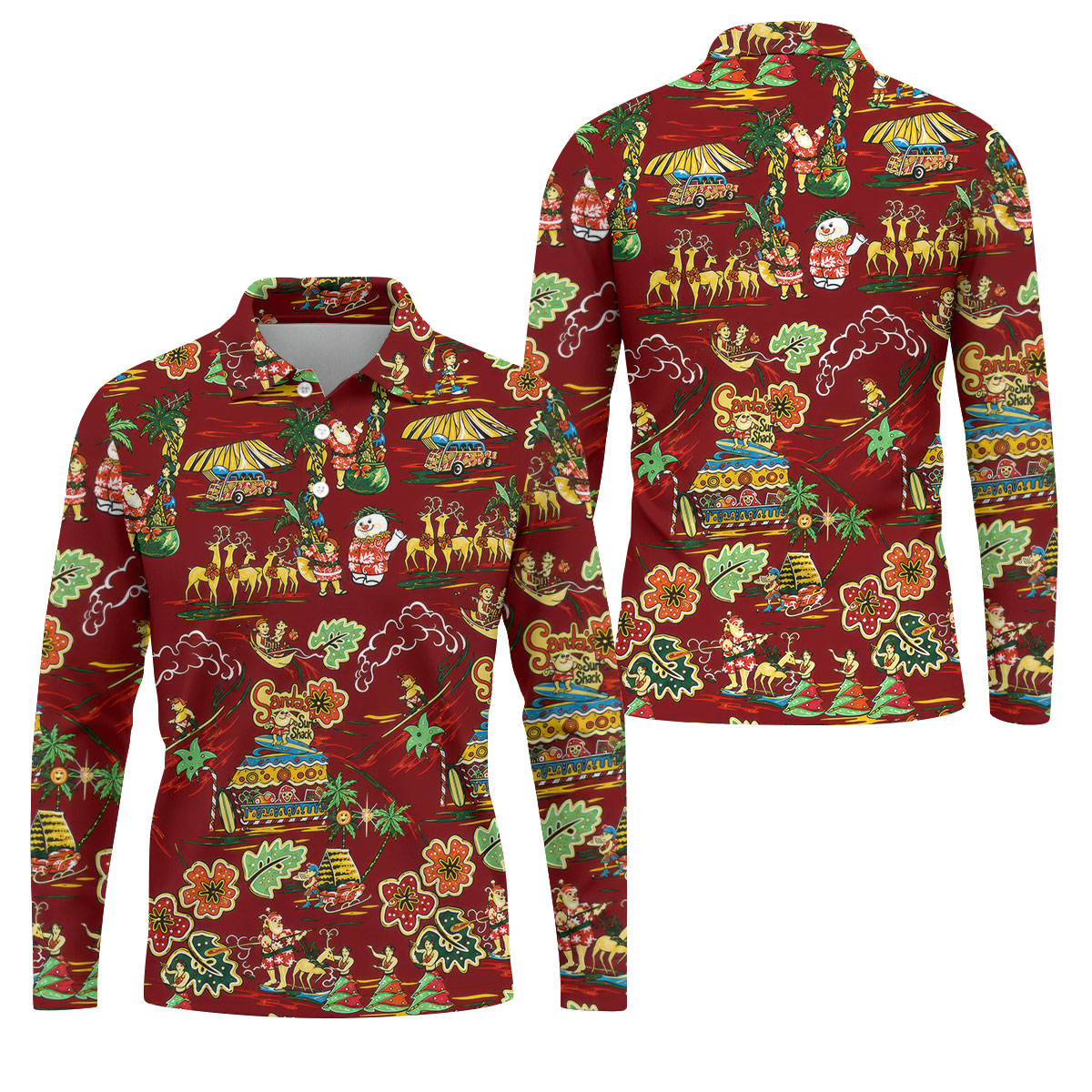 Men's Tropical Santa Surf Shack Golf Shirt, Christmas Golf Shirt, Golf Apparel For Men