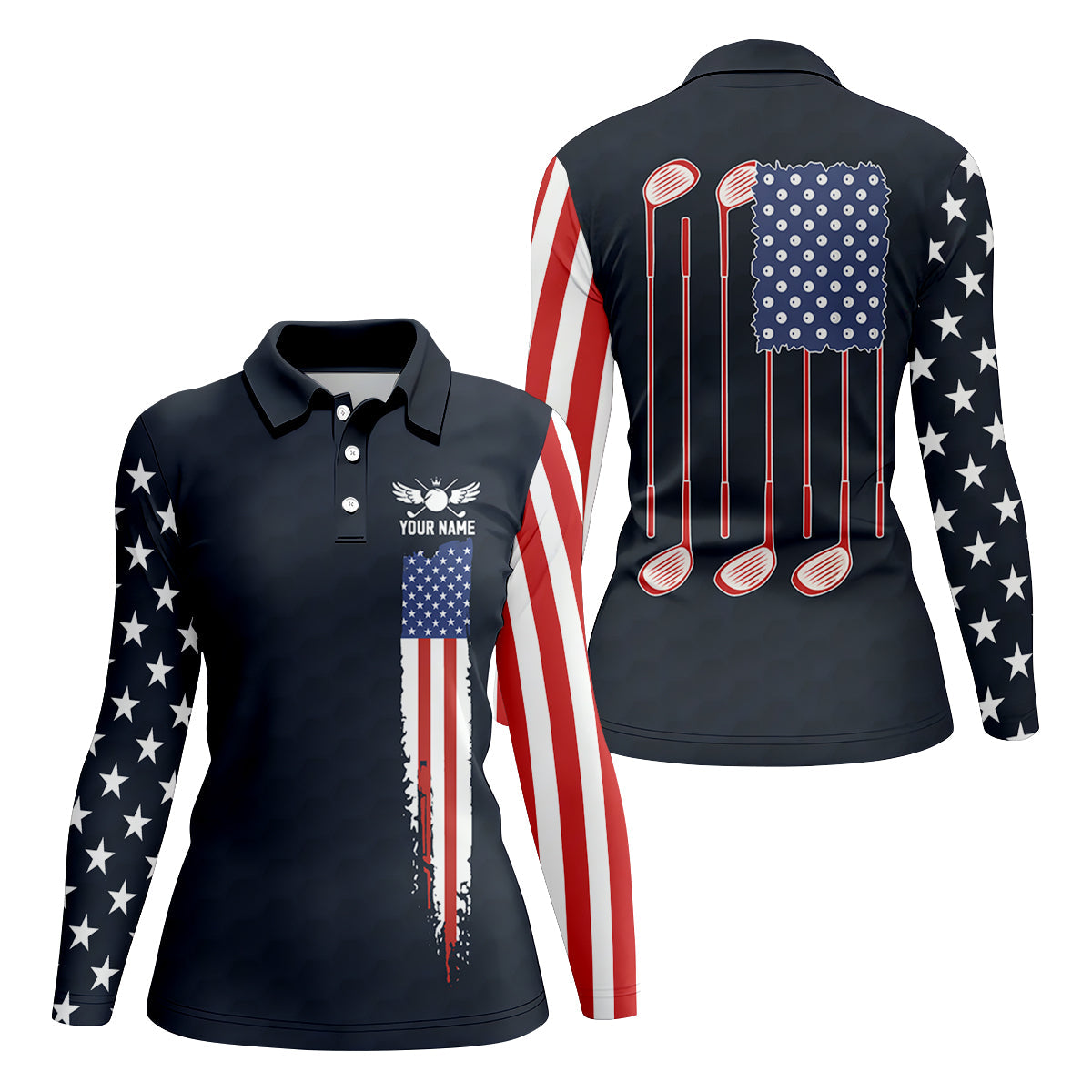 American Flag Patriot Red White Blue Women's Golf Shirts, 250th Anniversary Ladies Golf Shirt
