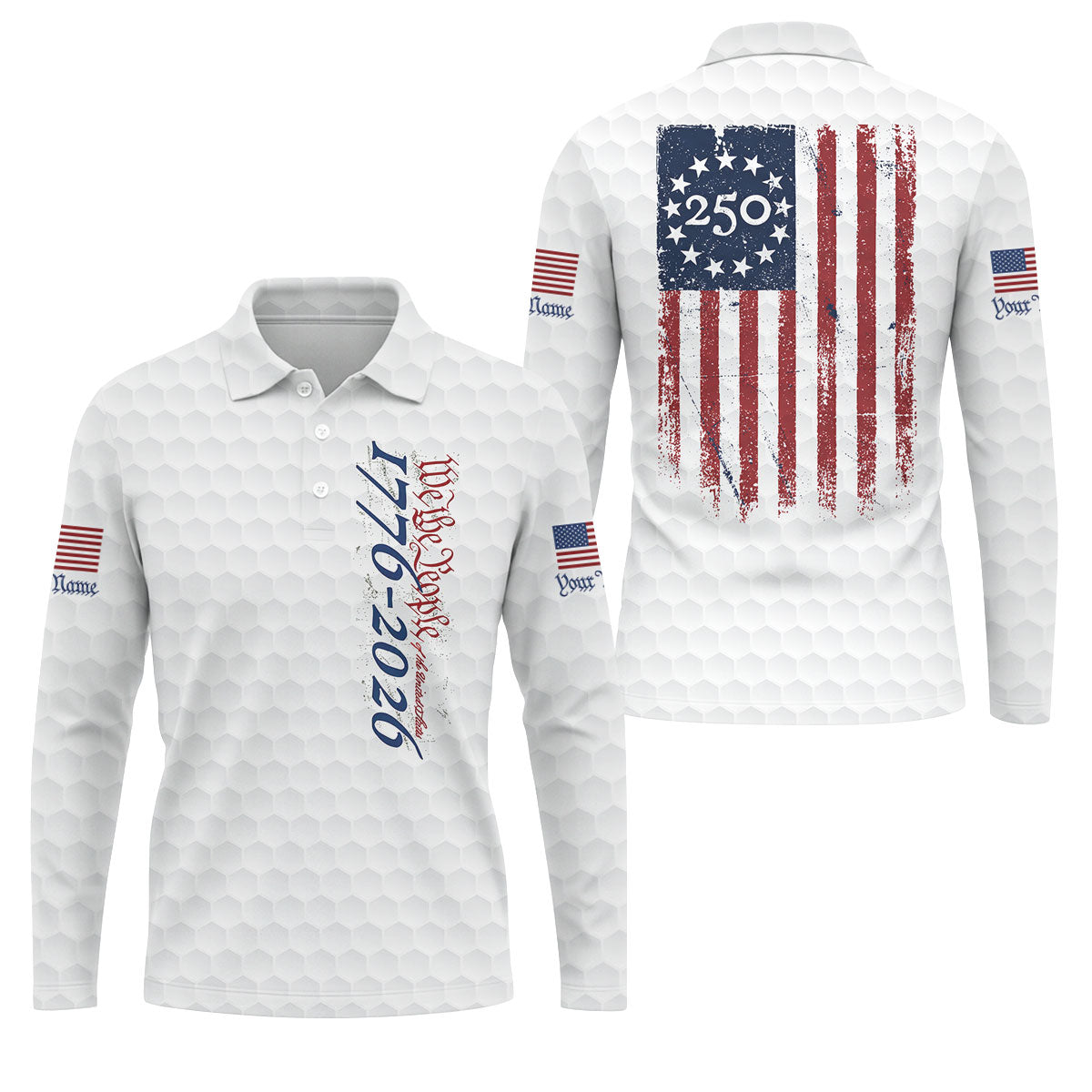 We The People Distressed American Flag White Golf Shirt, 250 Years Patriotic 4th Of July Golf Shirts For Men