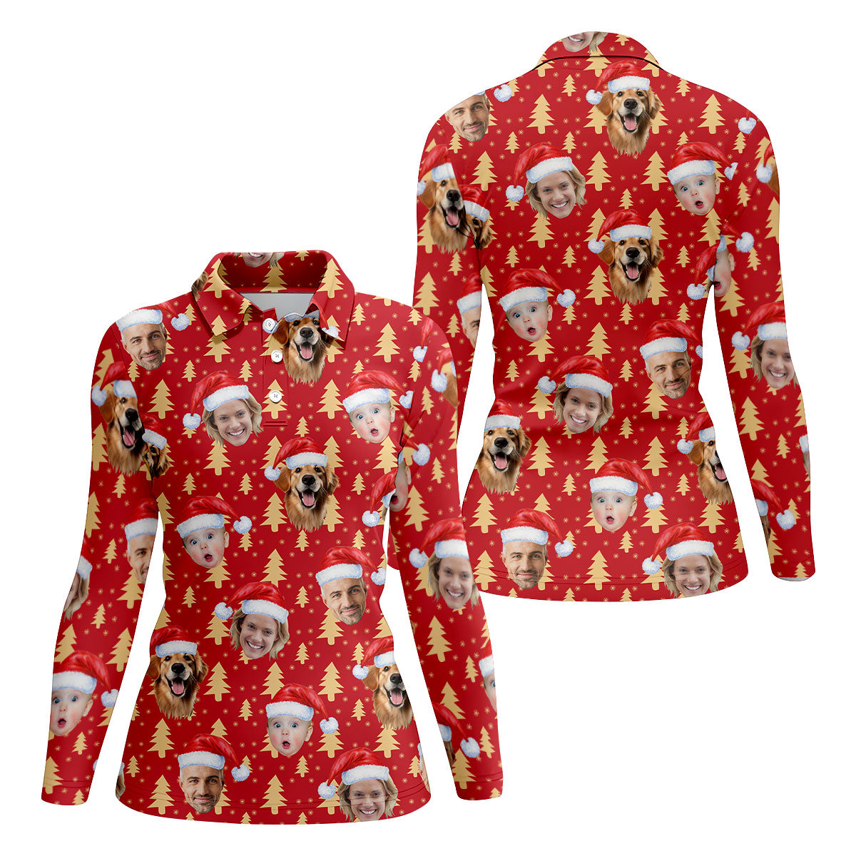 Custom Face Golden Pine Tree Red Golf Shirt, Christmas Golf Shirt, Ladies Golf Shirts, Golf Gifts For Women