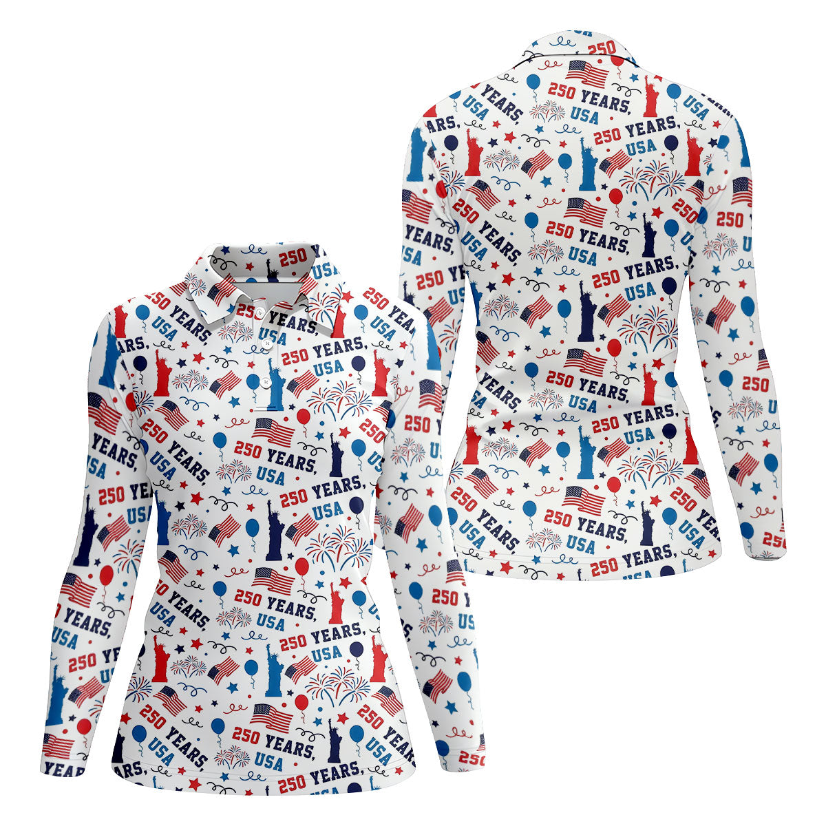250 Years USA Red White Blue Seamless Pattern White Golf Shirt, Patriotic 4th Of July Golf Shirt For Women