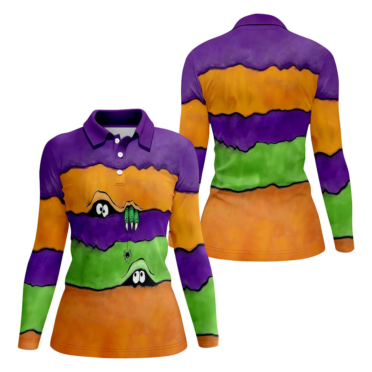 Funny Halloween Peeping Eyes Ladies Golf Polos, Women's Golf Tops, Halloween Golf Shirt