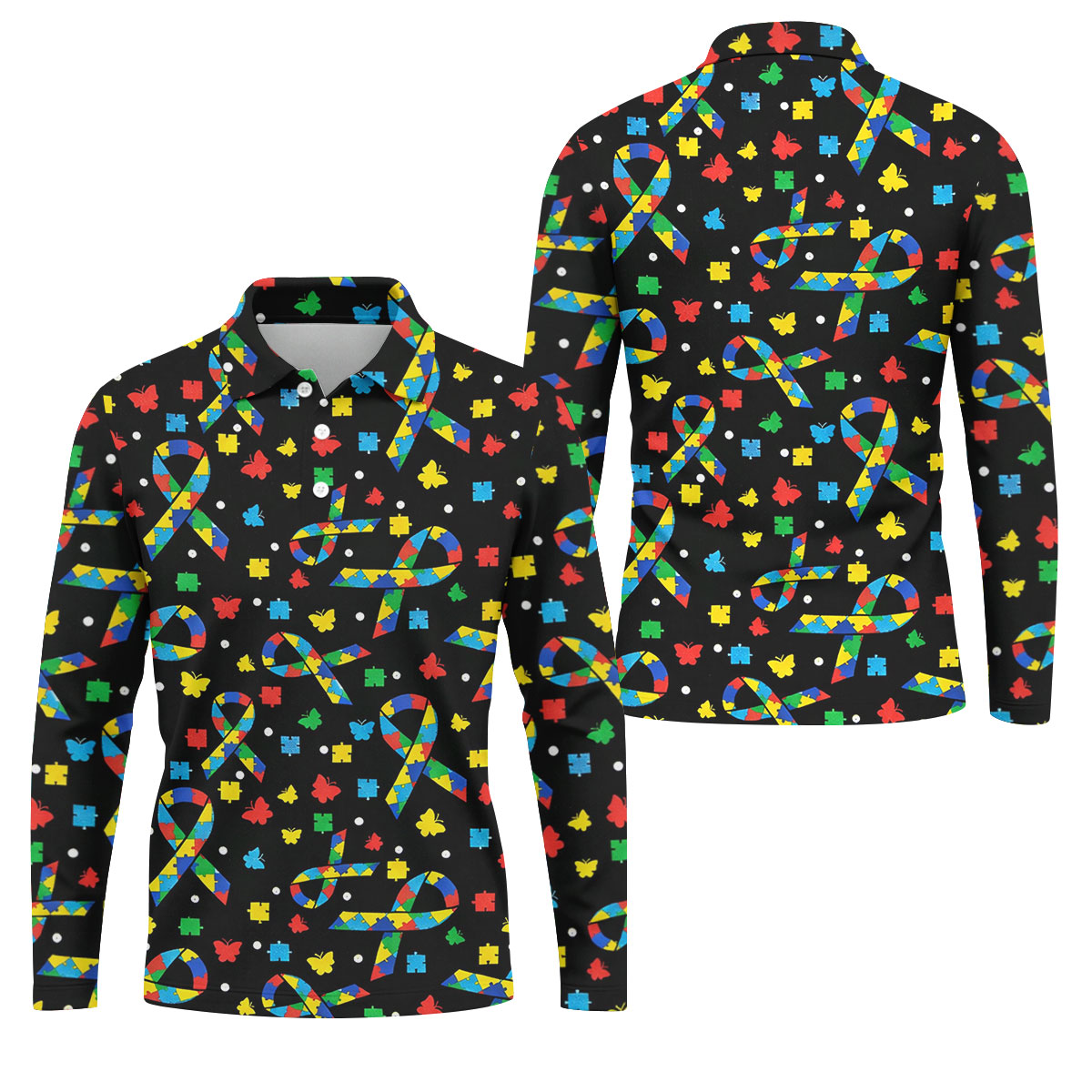 Autism Awareness Ribbon Colorful Butterflies Black Golf Shirt, Golf Tops For Men, Golf Shirts For Men