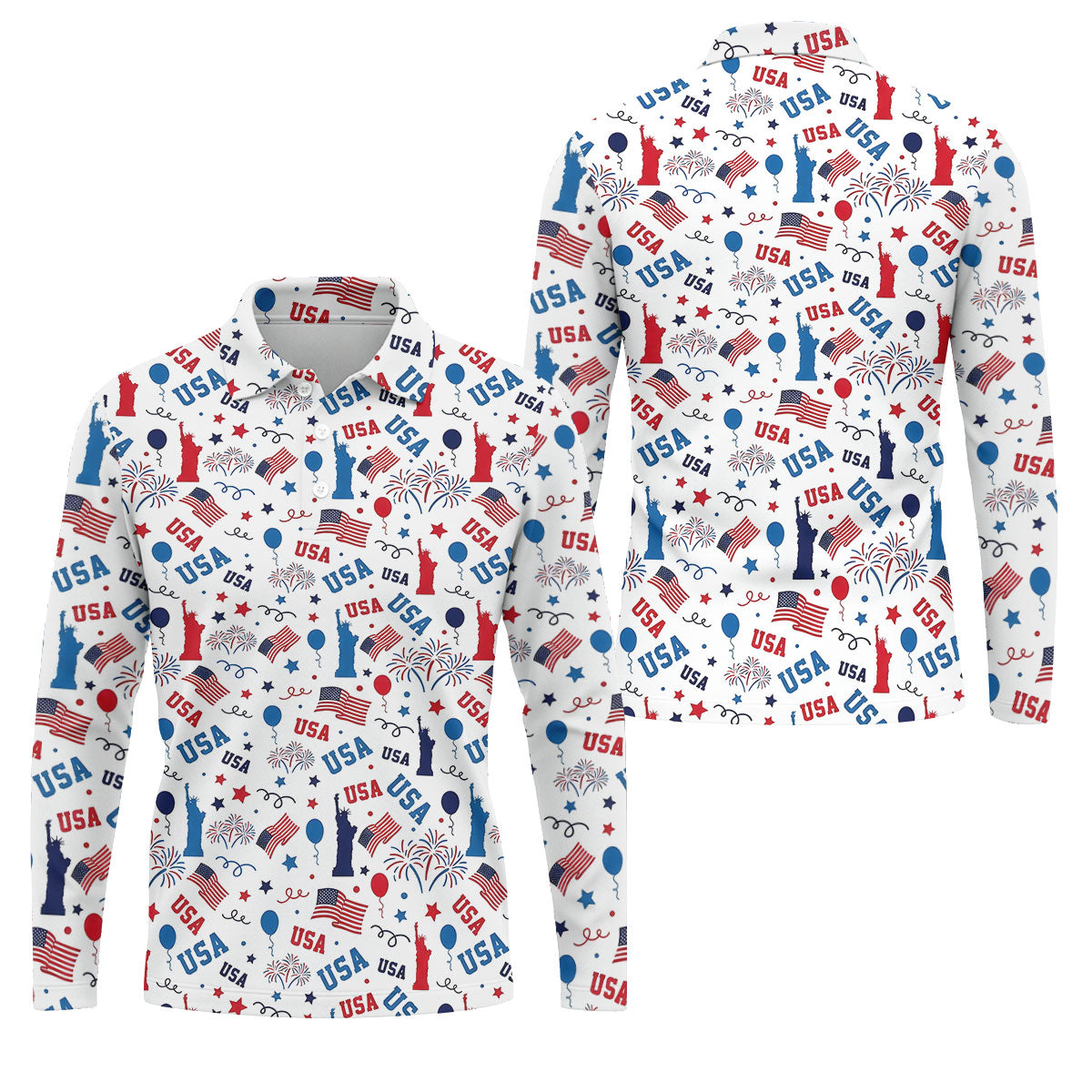 USA Red White Blue Seamless Pattern White Golf Shirt, 250th Anniversary Patriotic 4th Of July Golf Shirts For Men