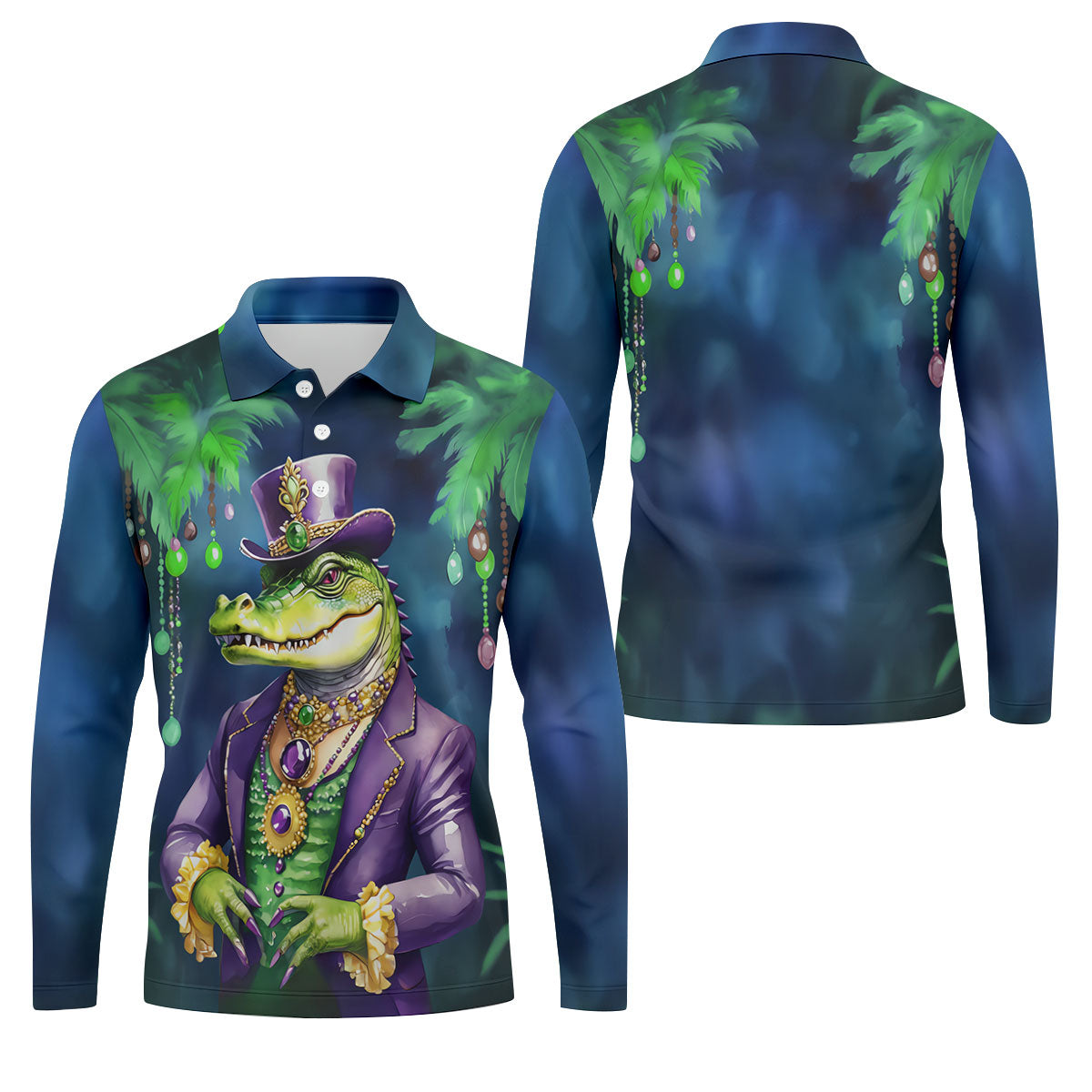 Mardi Gras Alligator Navy Golf Shirt, Men's Funny Golf Shirts, Polo ShirtFor Men, Golf Shirts For Men