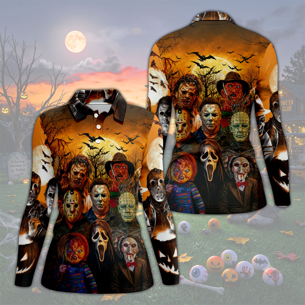 Halloween Horror Character Hawaiian Golf Shirt, Women’s Golf Tops, Golf Shirts For Women