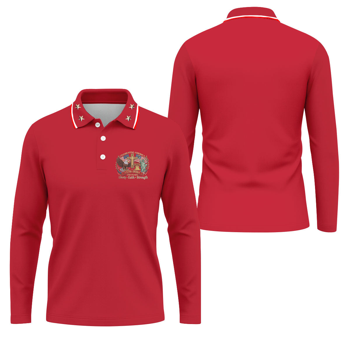 Liberty Faith Strength Faith Cross USA 250 Red Golf Shirt, 4th Of July Golf Shirts For Men