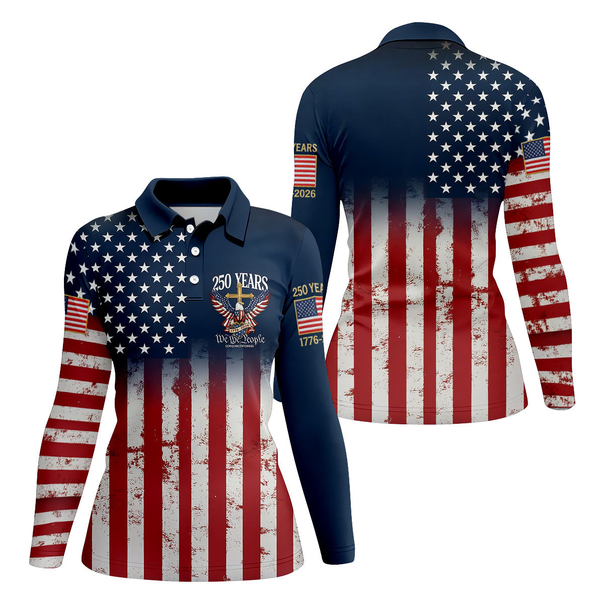 250 Years We The People Bald Eagle US Flag Cross Faith Golf Shirt For Women, Patriotic Golf Shirt