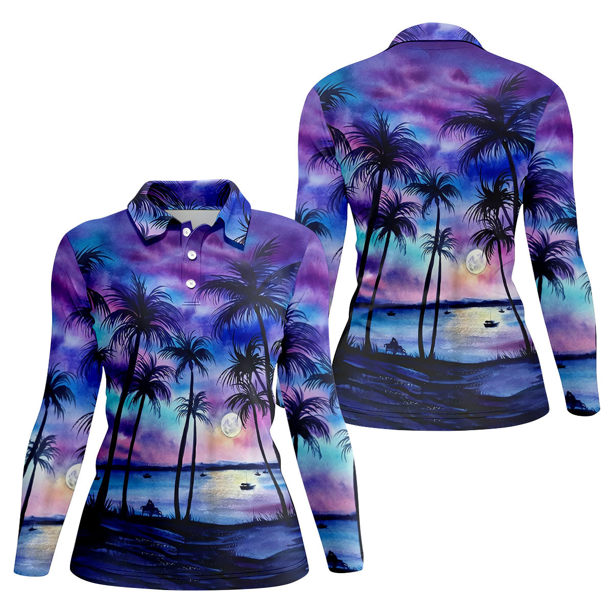 Moonlit Tropical Beach Palm Tree Golf Shirt, Women's Golf Shirt, Hawaiian Golf Shirt, Golf Polo For Women