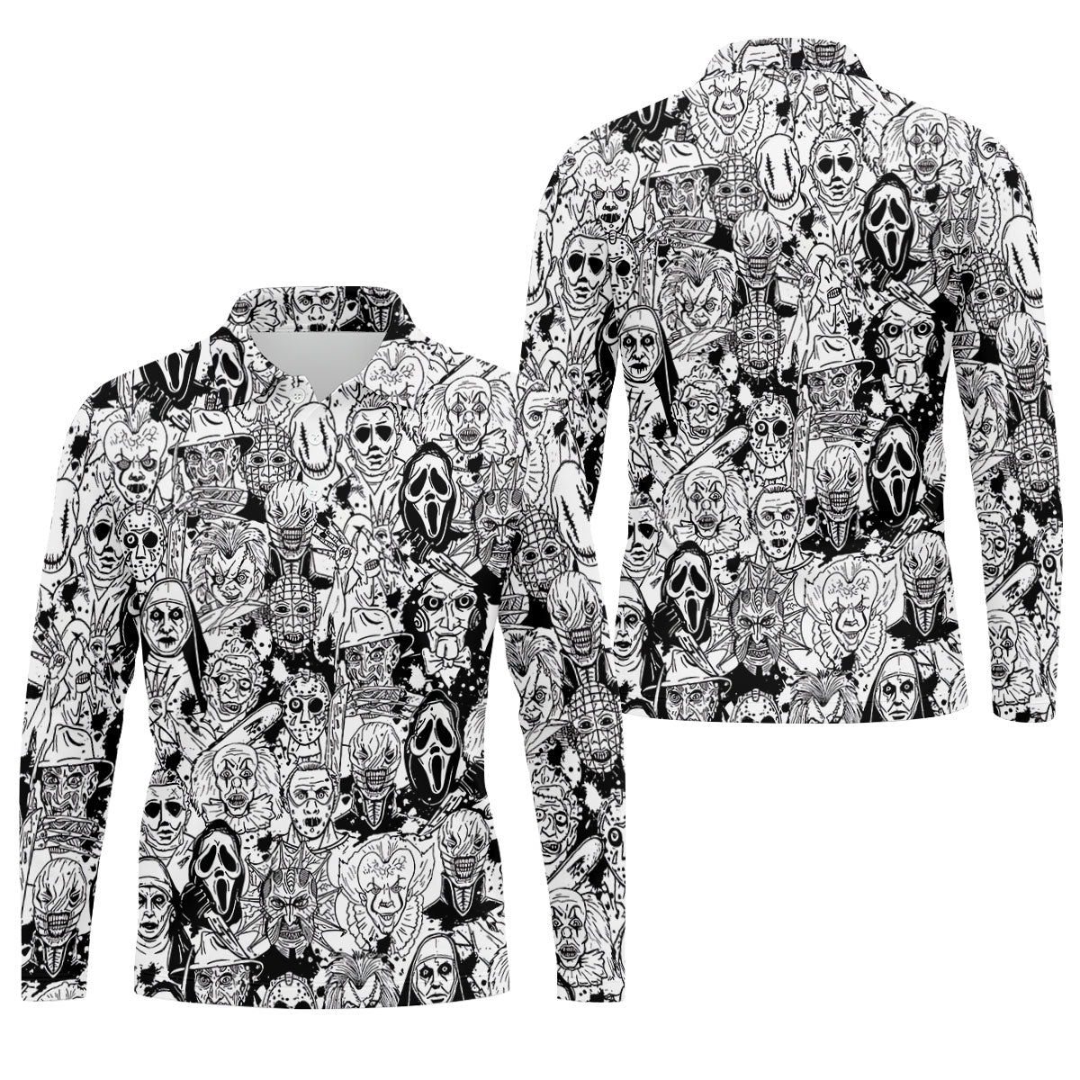 Black White Horror Character Sketch Golf Shirt, Mens Golf Polo, Halloween Golf Shirt