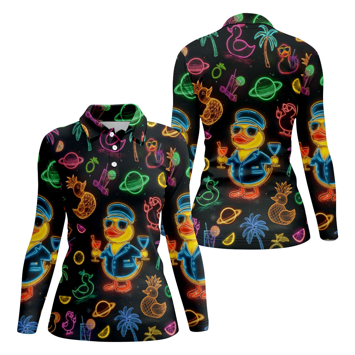 Jet Black Neon Duck Tropical Pattern Golf Shirt, Women's Golf Shirt, Hawaiian Golf Shirt, Golf Polo For Women