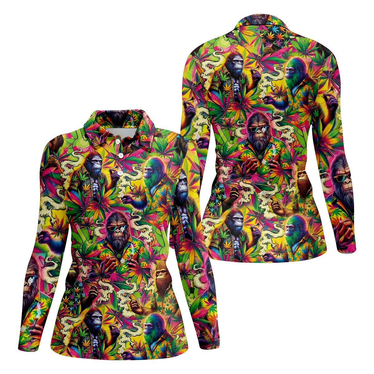 Psychedelic Bigfoot Cannabis Leaf Hawaiian Polo Shirt, Women’s Golf Polo, Golf Shirts For Women